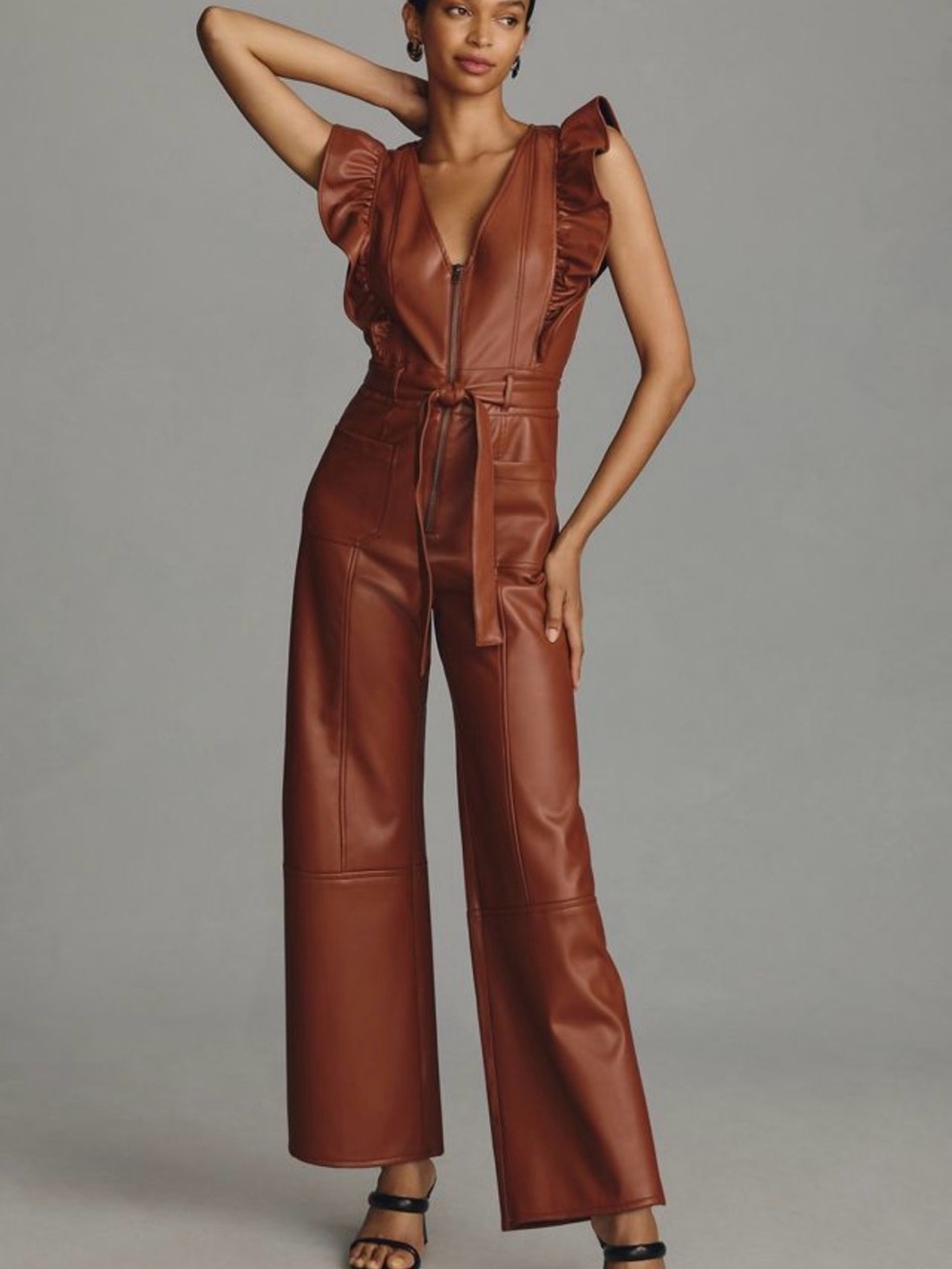 Maeve Colette Ruffled Faux Leather Sleeveless Jumpsuit in Chestnut